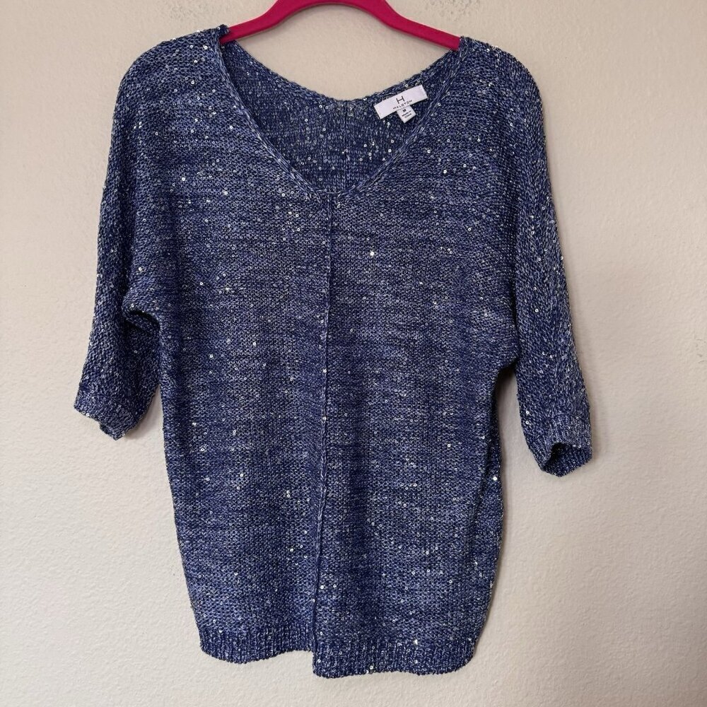 H Halston Silver Blue Sparkly Sequin Pull On V Neck Knit Sweater Size Medium
